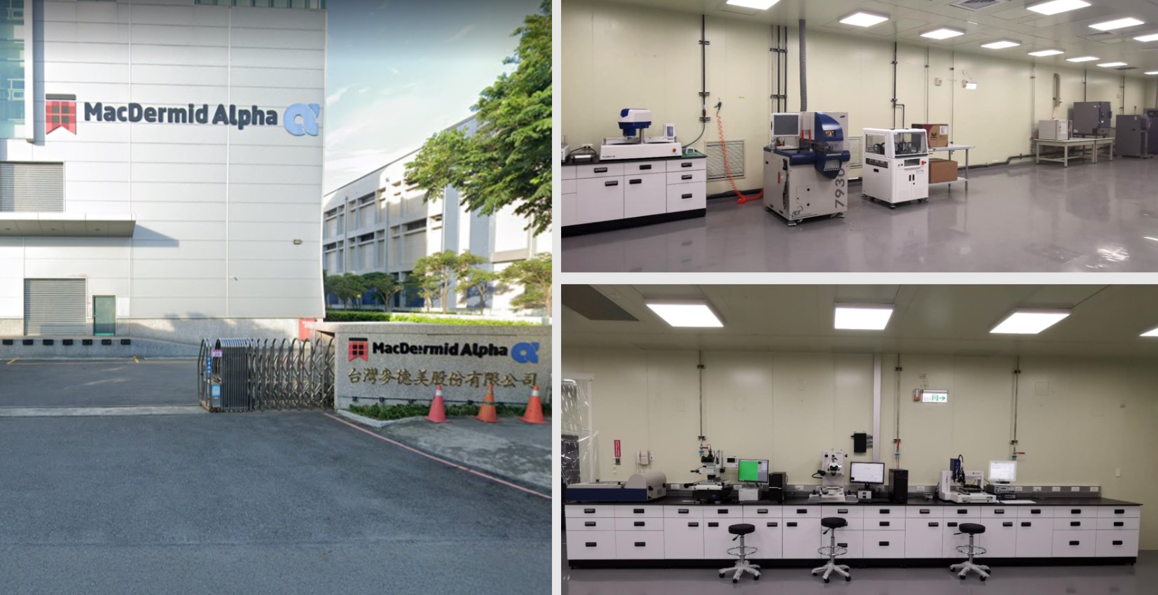 Three photos of new MacDermid Alpha Applications Lab in Taiwan, one of the building and two inside the lab